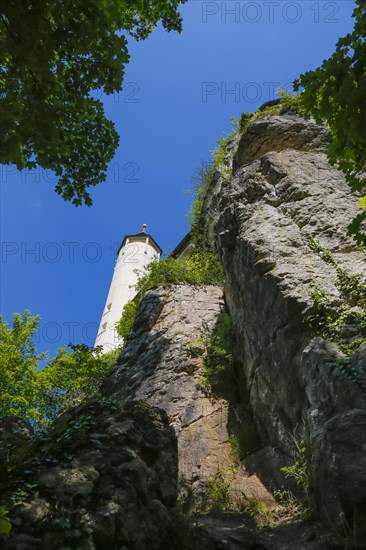 Lookout tower at the end of the 19th century at Teck Castle with the Schwaebischer Albverein hiking centre