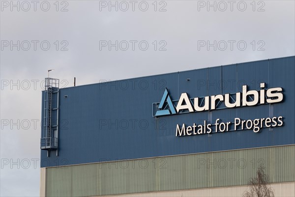 Logo and lettering Aurubis Metal for Progress on a factory building at the Aurubis AG plant