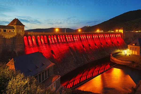 The Edersee dam wall illuminated by LED spotlights holds the German record as the longest permanently illuminated object