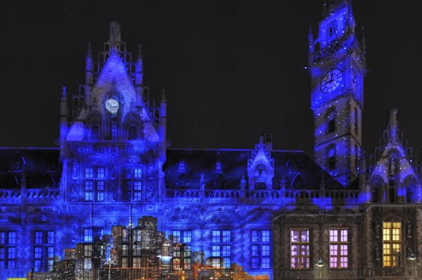 Monumental light projections on facade of Post Plaza by the French artist group Spectaculaires during the 2011 light festival of Ghent