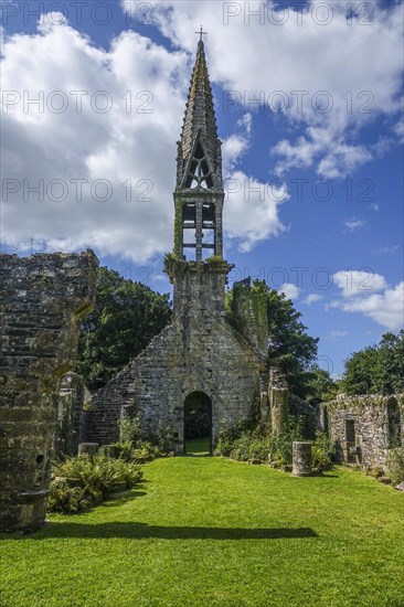 Ruins of the Eglise Saint-Pierre de Quimerch church in the abandoned old hamlet of Pont-de-Buis-les-Quimerch, Finistere Penn ar Bed department, Bretagne Breizh region, France, Europe