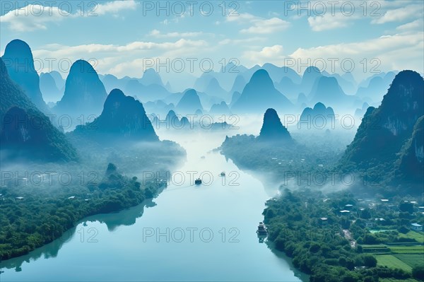 Surrealist aerial view of the Li River at Guilin, China, AI Generated, AI generated, Asia