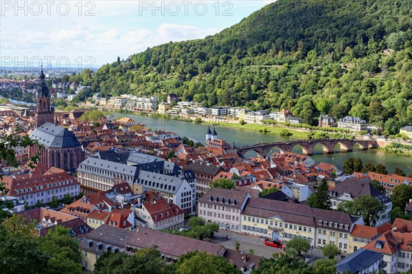Heidelberg city center with the Old Bridge and the Holy Spirit Church, Baden Wurttemberg, Germany, Europe
