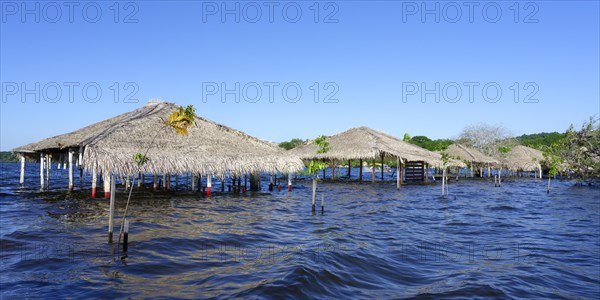 Flooded beach huts, Alter do Chao Beach, Tapajos River, Para state, Brazil, South America