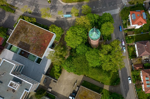 Top view of a water trough surrounded by trees near a road junction, Pforzheim, Germany, Europe