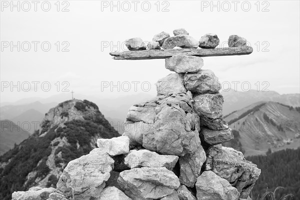 Steinmandl on the Buchstein, behind Rossstein, mountaineering village Kreuth, Mangfall mountains, Bavarian Prealps, Upper Bavaria, Bavaria, Germany, Europe