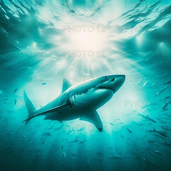 A great white shark swims in the ocean in a school of fish, AI generated, AI generated