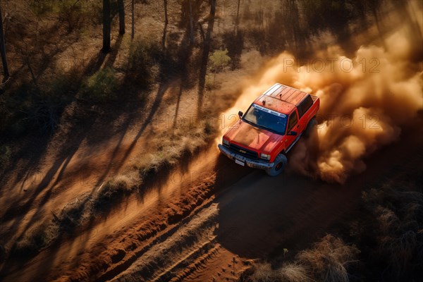 A dynamic aerial view of monster truck, with large tires, making its way off-road through rough terrain, kicking up dust and debris, AI generated