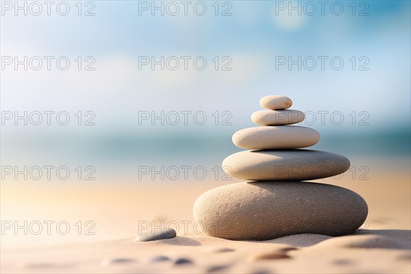 Zen stones stack on sand waves in a minimalist setting for balance and harmony. Balance, harmony, and peace of mind, wellness, meditation, and spirituality concept, AI generated