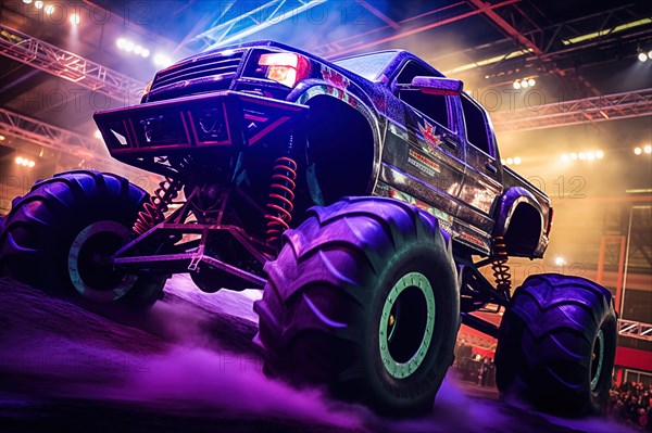 Monster truck illuminated by neon lights amidst a cloud of dust at an indoor arena. Excitement and thrill of an extreme sport and entertainment monster truck stunts racing show Monster truck illuminated by neon lights amidst a cloud of dust at an indoor arena- excitement and thrill of an extreme sport and entertainment monster truck stunts racing show, AI generated