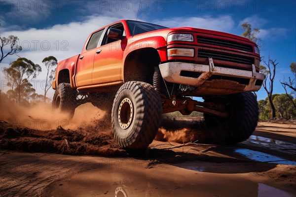 Monster truck driving outdoors amidst a cloud of dust. Thrill and adrenaline of an outdoor racing event on off-road terrain, AI generated