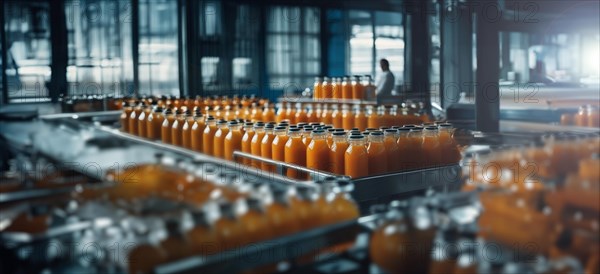 Production of juice from fruits and berries at the factory, conveyor with bottles of juice, AI generated