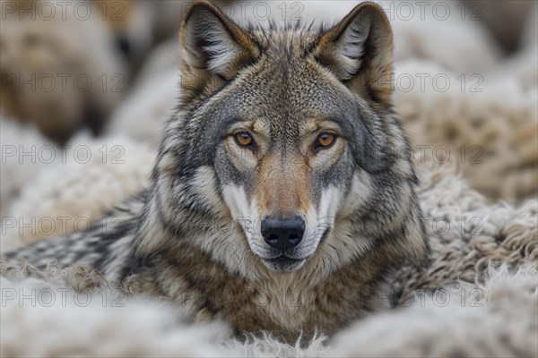 A gray wolf (Canis lupus) looks directly into the camera, camouflaged in the blurred background between a herd of sheep, AI generated, AI generated