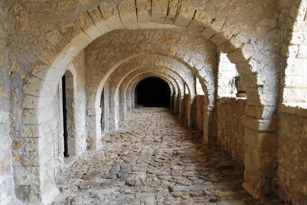 Path to the monks' cells, monastery church, Arkadi Monastery, Moni Arkadi, national monument, Crete, Greece, Europe