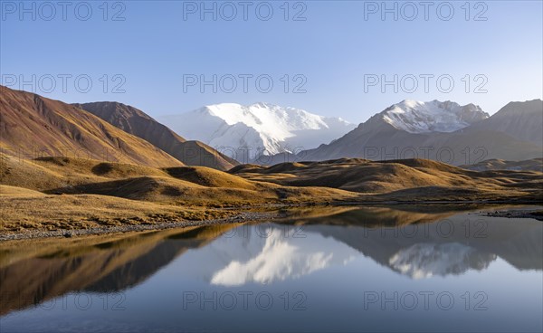 Mountains reflected in a small mountain lake, Pik Lenin, Trans Alay Mountains, Pamir Mountains, Osh Province, Kyrgyzstan, Asia