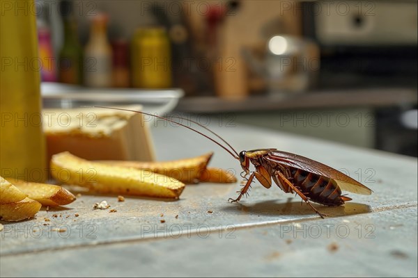 A cockroach (Blattodea) stands next to fries on a messy kitchen counter, indicating dirt and a possible insect infestation, AI generated, AI generated