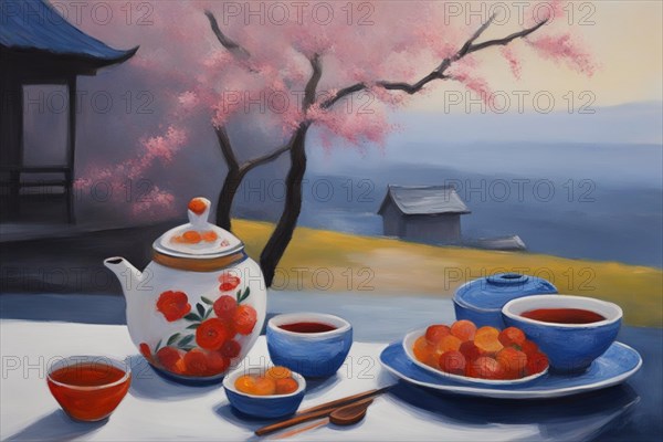Painting capturing sweets and two cups of tea on a table on a terrace face beautiful landscape, japanese traditional ceremony, sakura tree, hazy, ai generated, AI generated