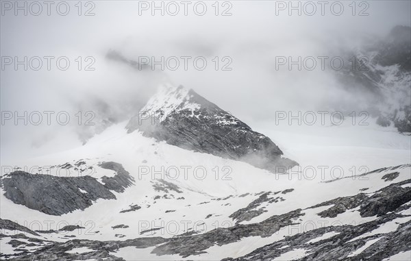 Cloudy and glaciated mountain peaks Dosso Largo with glacier Schlegeiskees, Berliner Hoehenweg, Zillertal Alps, Tyrol, Austria, Europe
