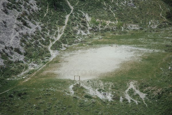 Football pitch, mountain village, Tepelene district, Albania, Europe