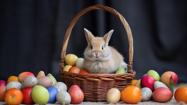 A rabbit sits in a woven basket surrounded by colorful Easter eggs, evoking a festive springtime atmosphere AI generated