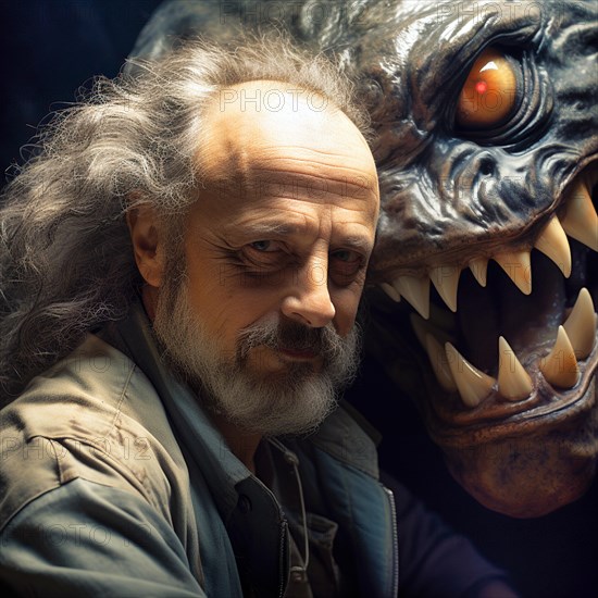 Elderly man with long grey hair and a full beard who is confronted with his evil self, a creature with orange piercing eyes and huge teeth, AI generated, AI generated