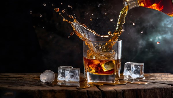 Whiskey with rocks or ice cubes in a glass with ice in a dark wooden background. AI Generated, AI generated