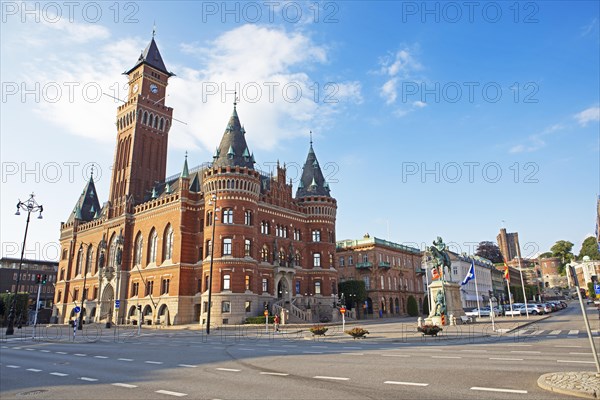 Town hall, on the right the medieval tower Kaernan, Helsingborg, Skane laen, Sweden, Europe