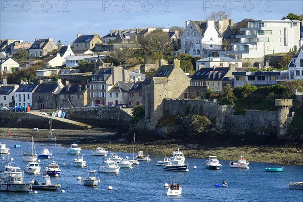 Harbour and commune of Le Conquet, seen from the Kermorvan peninsula, Finistere Pen ar Bed department, Brittany Breizh region, France, Europe