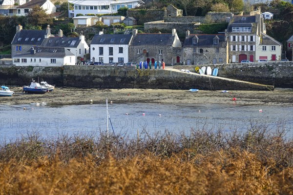 Harbour and commune of Le Conquet, seen from the Kermorvan peninsula, Finistere Pen ar Bed department, Brittany Breizh region, France, Europe
