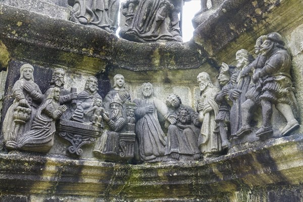 Calvary Calvaire, granite stone carving, Enclos Paroissial parish enclosure of Guimiliau, Finistere Penn ar Bed department, Brittany Breizh region, France, Europe