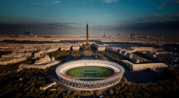 Concept of the Olympic Games in Paris France 2023, the stadium at the Eiffel Tower, AI generated