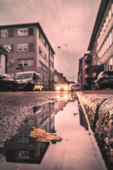 Reflection in a puddle on a wet street in an urban environment at dusk, Pforzheim, Germany, Europe
