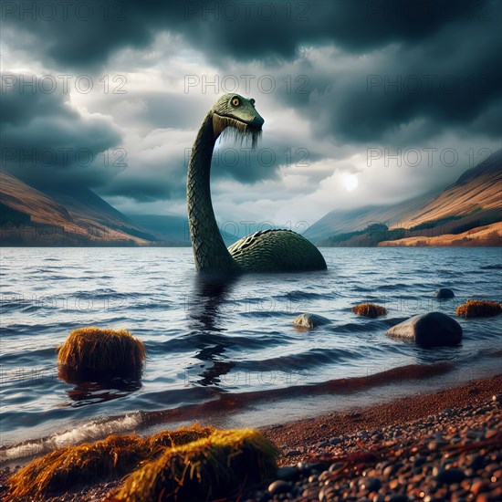 Mythology, the mythical creature Nessie, the Loch Ness monster, in Loch Ness in Scotland, AI generated, AI generated