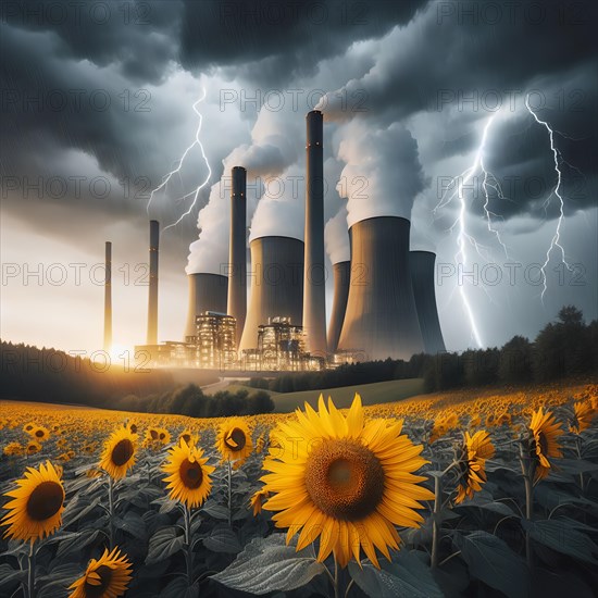 Climate change, climate crisis, global warming, symbolic image, a power plant with lots of smoke and fumes during a thunderstorm, in front a field of sunflowers, AI generated, AI generated