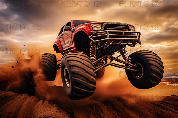 Monster truck driving and jumping outdoors amidst a cloud of dust. Thrill and adrenaline of an outdoor racing event on off-road terrain at dramatic sunset, AI generated
