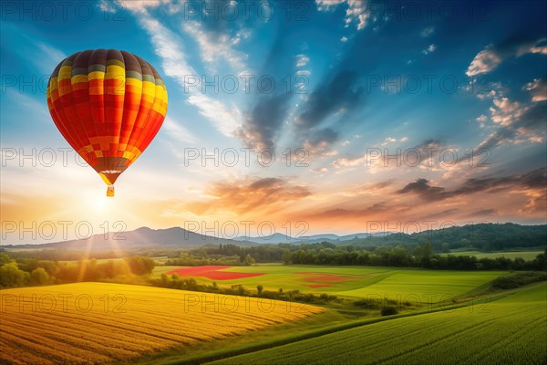A colorful hot air balloon floats in sky over a blooming field meadow of flowers landscape at sunset with orange and blue skies in the background. Travel journey adventure beauty of nature concept, AI generated