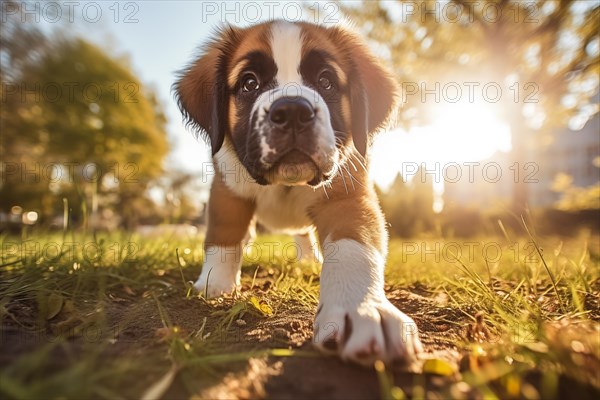 A curious cute Saint Bernard puppy with expressive eyes and floppy ears, exploring the outdoors on a sunny day, AI generated