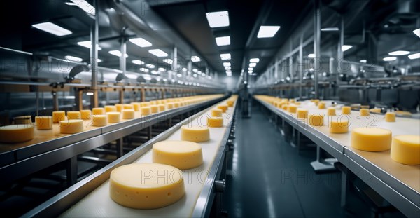 Cheese production at a dairy products factory, conveyor line with cheese, AI generated