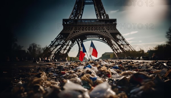 Garbage on the streets of Paris after sports competitions and concerts. Concept of the Olympic Games in Paris France 2024, AI generated