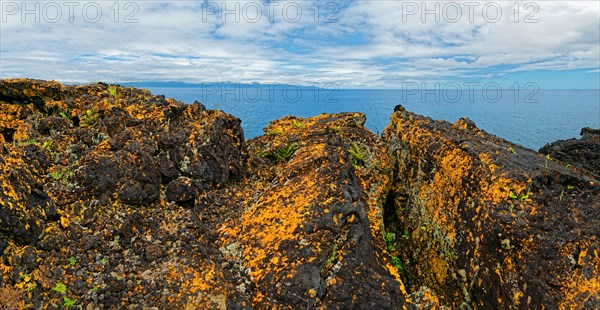 Vast landscape characterised by orange-yellow volcanic rocks, surrounded by a wide sky, lava rocks Coastal hiking trail Ponta da Iiha, Calhau, west coast, Pico, Azores