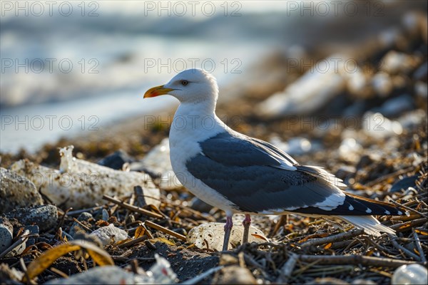 A seagull (Larinae) stands between branches and rubbish on the beach with the sea in the background, AI generated, AI generated