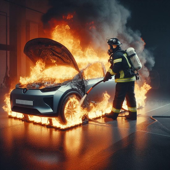 A firefighter in full gear uses a hose with chemical white foam to extinguish flames engulfing hybrid electric petrol vehicle car amidst a urban landscape, with emergency response evident, ai generated, AI generated