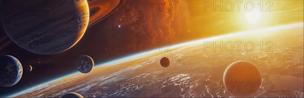 A dramatic depiction of space with several planets in front of a radiant sunset, AI generated, AI generated