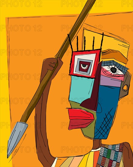 The spear guardian, abstract art colorful vector card