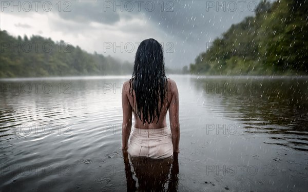 Suicidal thoughts, a young depressive woman with suicidal intent stands in the water by a lake in the rain, AI generated, AI generated