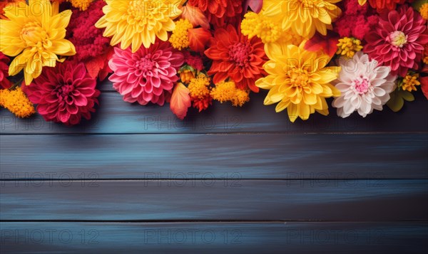 Assorted colorful chrysanthemums on a dark wood backdrop AI generated