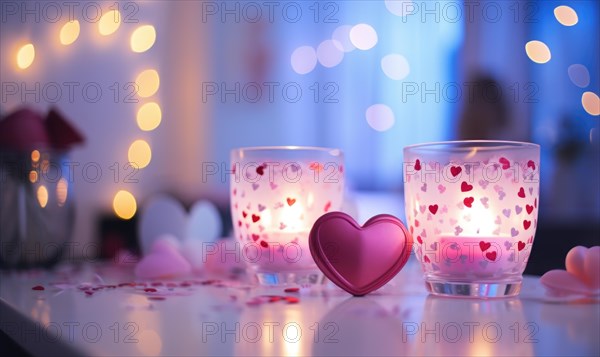 Valentine's atmosphere with heart-patterned glasses and soft lighting AI generated