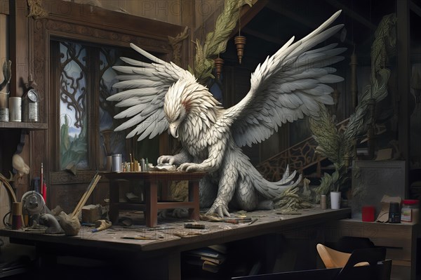 Griffin with eagle head and wings sitting in a medieval castle, AI Generated, AI generated