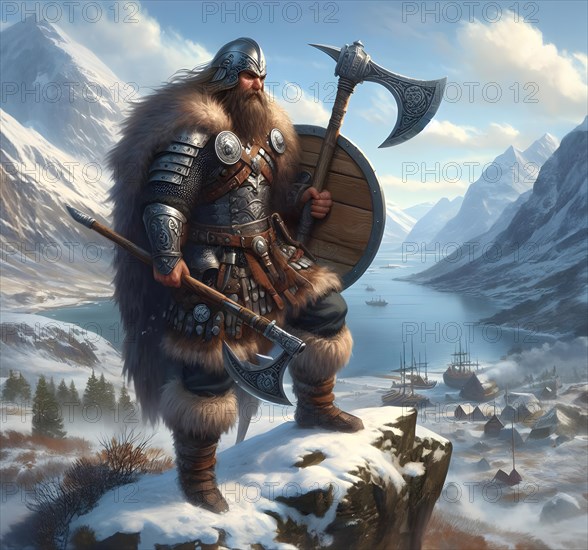 A bearded Viking warrior with helmet, shield and battle axe, AI generated, AI generated