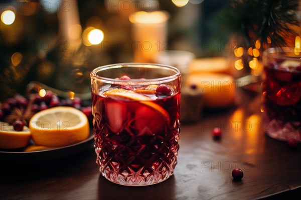 Glass of traditional mulled wine with orange and cranberry garnishes on a cozy Christmas table. The background is blurred with bokeh lights and candles, creating a warm and festive atmosphere, AI generated